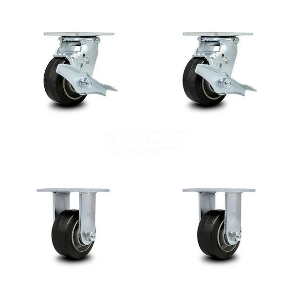 4 Inch Rubber on Aluminum Caster Set with Ball Bearings 2 Brakes 2 Rigid SCC